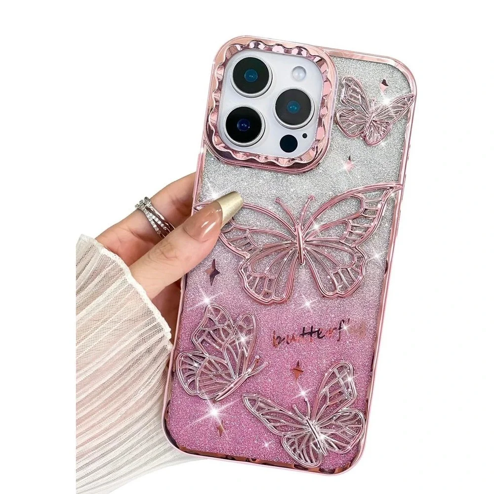 BITOBE iPhone 16 Pro Case 3D Butterfly Glitter Pink Slim Plating‎ Bumper Cover